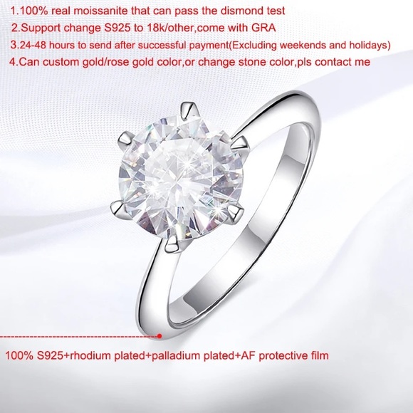 Classic 6 Prongs 5 Carat Round Moissanite Ring Sterling Silver Plated 14K Gold - Picture 2 of 9